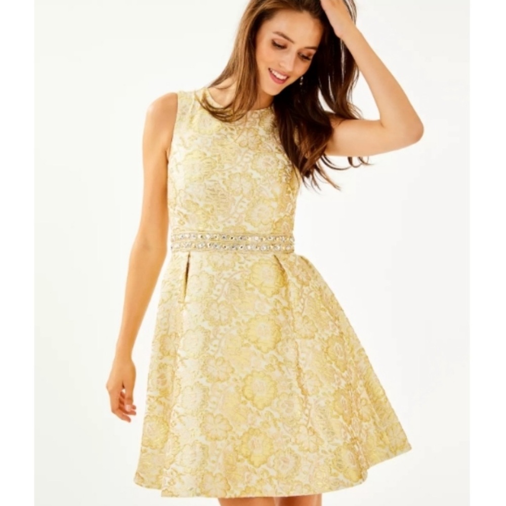 Lilly Pulitzer Levy Dress Gold Metallic Blooming Floral Brocade 2 NWT